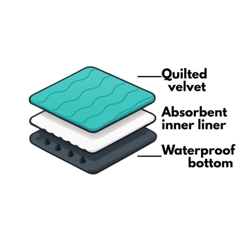 May include: A layered absorbent pad with a quilted velvet top, an absorbent inner liner, and a waterproof bottom.