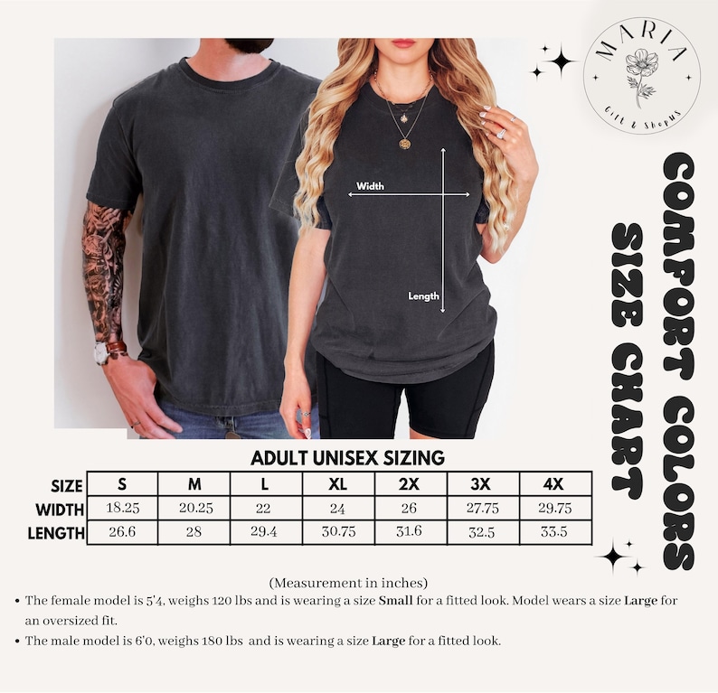 May include: Two people wearing dark gray t-shirts. The image includes a size chart with measurements in inches for adult unisex sizing, ranging from S to 4X. The text "COMFORT COLORS" and a logo are also visible.