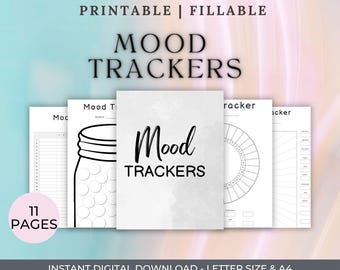 Könnte beinhalten: Eine Sammlung druckbarer Stimmungstracker mit Aquarellhintergrund. Die Titelseite zeigt den Text "Mood Trackers" in einer stilvollen Schriftart. Das Bild enthält 11 Seiten mit Vorlagen zur Stimmungsverfolgung, ideal zum digitalen Download.