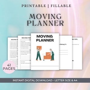 May include: A printable moving planner with 41 pages. The cover features the text "MOVING PLANNER" and an illustration of movers with boxes. The planner includes sections for moving timelines, tips, and checklists. The text "PRINTABLE | FILLABLE" is at the top.