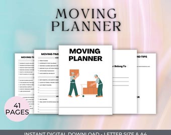 May include: A printable moving planner with 41 pages. The cover features the text "MOVING PLANNER" and an illustration of movers with boxes. The planner includes sections for moving timelines, tips, and checklists. The text "PRINTABLE | FILLABLE" is at the top.