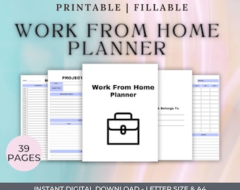 Puede incluir: Un "Planificador de Trabajo desde Casa" imprimible y rellenable con 39 páginas. La portada presenta el título y un icono de maletín. El planificador incluye secciones para programación, proyectos y planificación mensual. Disponible en tamaño carta y A4.