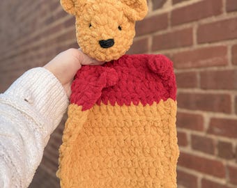 Pooh Bear Blanket Lovey | Crochet Lovey | Winnie the Pooh Blanket Buddy | Crochet Lovey Blanket | Security Blanket | MADE TO ORDER