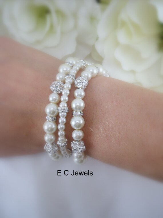 3 Strands of Pearls and Rhinestones Etsy