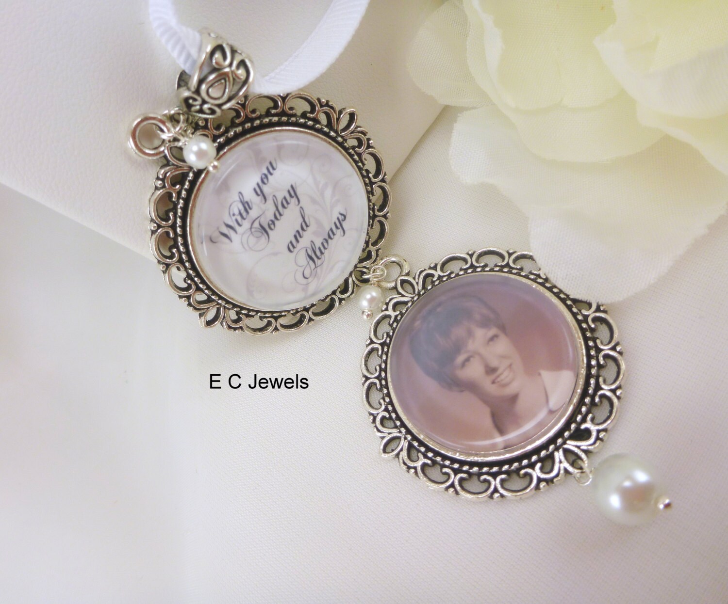 Wedding Bouquet Memorial Photo Charm with a Pearl Accents - Pick your…