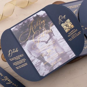 Elegant Navy Blue and Gold Acrylic Invitation - All in One Gatefold Wedding Invitations  - Customizable Foil Printed Luxury Stationery