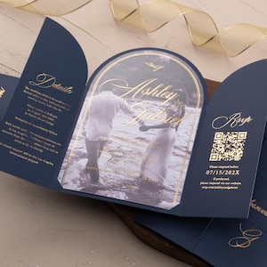Navy Blue and Gold Gatefold Wedding Invitations | Luxury Personalized Acrylic Invites | Customizable Folded All in On Invitation