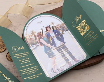 Emerald Green Acrylic Wedding Invitation with Gold Foil | Gatefold Arch Design