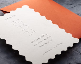 Scalloped Save the Date Card | Blind Embossed Wedding Announcement