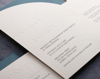 Letterpress Wedding Invitations with Dusty Blue Envelope — Half Arch Embossed Design