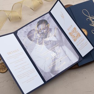Navy Blue and Gold Acrylic Invitation | Luxury Tri-Fold Wedding Invite | Elegant, Personalized, All in One Formal Invitations