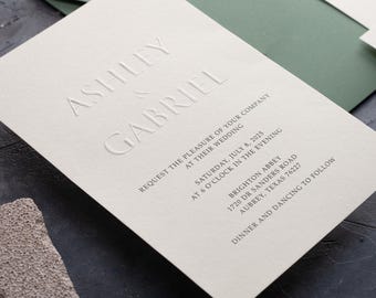 Embossed Wedding Invitations with Sage Green Envelope, Letterpress Personalized Invite with Optional RSVP and  Details Cards