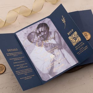 Navy Blue and Gold Foil Wedding Invitations - Acrylic Folded Wedding Invite with Optional RSVP and Details - All in One Invitation