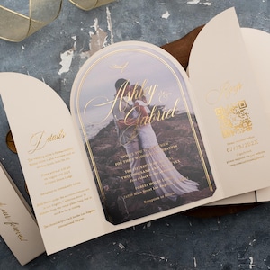 Ivory and Gold Foil Arch Wedding Invitations - Acrylic Gatefold Luxury Wedding Invitation with Optional RSVP and Details