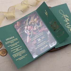 Emerald Green and Gold Foil Wedding Invitations, Acrylic Folded Wedding Invite, Elegant Personalized All in one Wedding Invitation