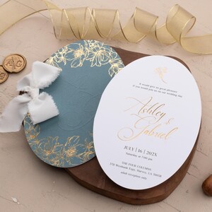 Dusty Blue and Gold Foil Wedding Invites, Floral Wedding Invite, Embossed Wedding Invitations with Ribbon