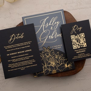 Black and Gold Wedding Invitation, Acrylic Wedding Invitations, Personalized Floral Invites, Gold Foil Elegant Wedding Invite
