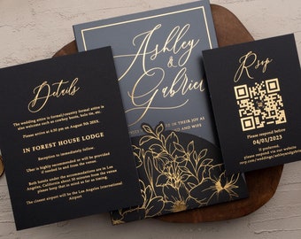 Frosted Acrylic Wedding Invitation | Gold Foil Floral Design, Laser Cut Pocket
