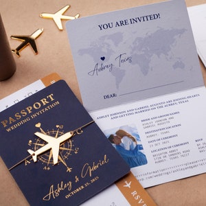 Passport Wedding Invitations | Navy Blue and Gold Foil Travel Theme Wedding Invites | Destination Boarding Pass Style Invitation