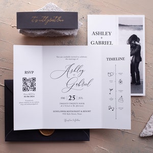 Elegant Black and White Wedding Invitation | Photo Wedding Invite with QR RSVP | Gatefold and Timeline Design | Modern Wedding Stationery