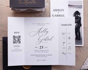 Black White Photo Wedding Invitation | Gatefold Design with Timeline and QR RSVP
