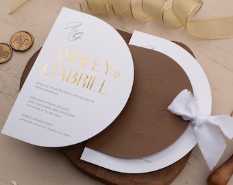 Wedding Invitation with Gold Foil Names | Embossed Jacket, Ribbon Tie, Modern Arch Design