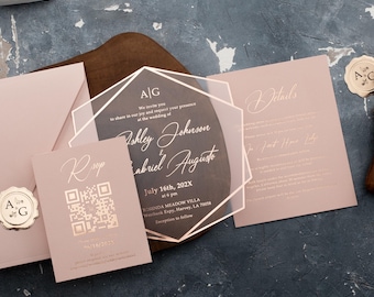 Rose Gold Acrylic Wedding Invitation — Clear Geometric Design with Foil