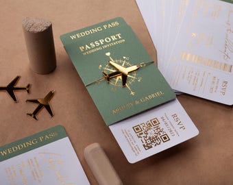 Sage Green Passport Wedding Invitation with Gold Foil | Boarding Pass RSVP Card
