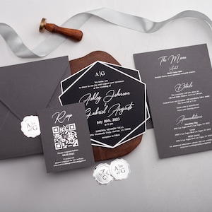 Black Acrylic and Silver Foil Wedding Invitations - Geometric Design with Monogram Stickers - Modern, and Customizable Wedding Invite