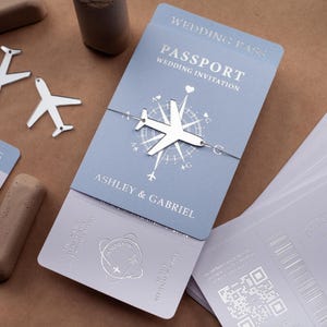 Passport Wedding Invitations | Baby Blue and Silver Foil Boarding Pass Invitation | Travel-Themed Custom Invites