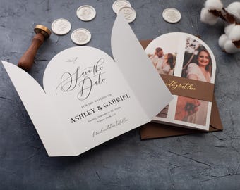 Photo Arch Save the Date — Modern Script Wedding Announcement, Gold Foil Band