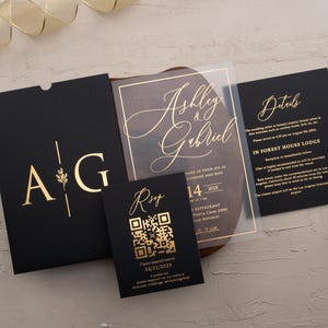 Black and Gold Foil Wedding Invitation – Acrylic Wedding Invites, Elegant and Luxury Wedding Invitations, Custom Monogram Design