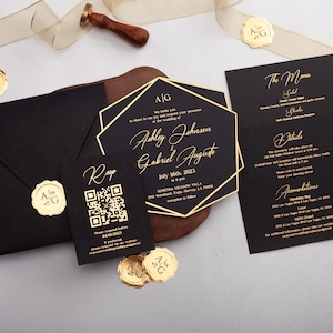 Luxury Modern Black Acrylic and Gold Foil Wedding Invitations, Geometric Design, Elegant Wedding Stationery