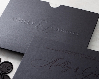 Black Embossed Wedding Invitations — Modern Black on Black Luxury Invites