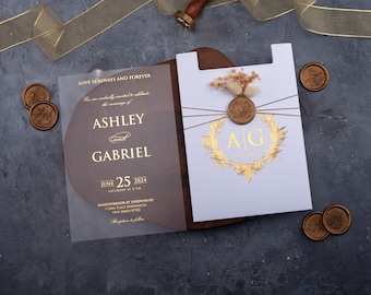 Acrylic Wedding Invitation with Gold Foil — Pocket Design, Wax Seal, Custom Monogram