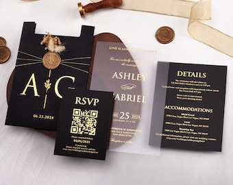 Acrylic Wedding Invitation with Gold Foil | Black Envelope, Wax Seal