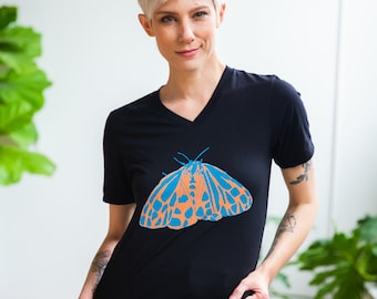 Unisex V Neck T shirt, size S women's V neck, Men's V neck, MOTH T-shirt, black t shirt, orange, blue, screenprint, graphic tee