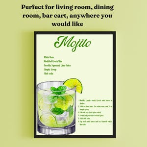 Póster de cóctel mojito, arte mural con recetas, decoración de cocina, arte mural con ambiente veraniego, guía de bebidas DIY, regalo gastronómico