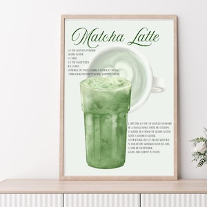 Póster de receta de matcha latte, lámina de arte de cocina, decoración de té verde, arte culinario para pared, regalo para amantes del té