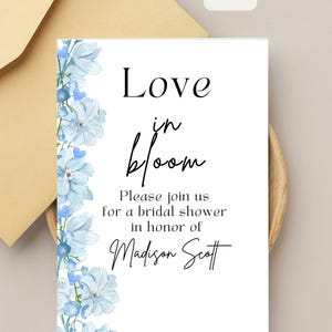 Zaproszenie na wieczór panieński Love in Bloom w kolorze niebieskim | Zaproszenie na wieczór panieński Floral Spring | Pobieranie cyfrowe | Wydrukowana karta na wieczór panieński