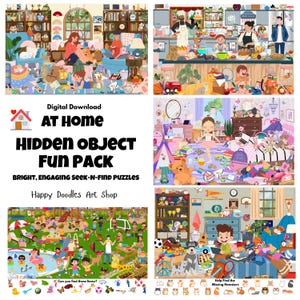 Lot de 5 casse-têtes imprimables avec images cachées à la maison | Jeux de recherche colorés (téléchargement numérique)