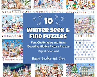 Winter Hidden Picture Puzzle Bundle: 10 Kids Seek and Find Games (PDF- US letter)