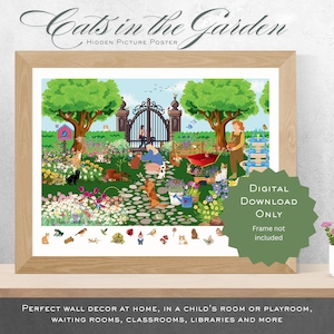 Cats in the Garden Hidden Pictures Poster: Kid&#39;s Playroom Wall Art (Digital Download)