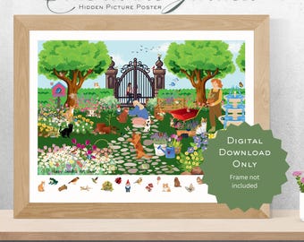 Cats in the Garden Hidden Pictures Poster: Kid's Playroom Wall Art (Digital Download)