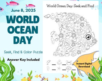 World Ocean Day: Seek, Find and Color Party Game, Marine Life I Spy Printable, Classroom Resources, Scavenger Hunt, Boy Girl, Hidden Objects
