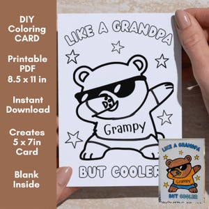 Puede incluir: Una tarjeta para colorear DIY con un oso con gafas de sol y el texto "LIKE A GRANDPA BUT COOLER". La tarjeta es un PDF imprimible, 21,6 x 27,9 cm, y crea una tarjeta de 12,7 x 17,8 cm. La tarjeta está en blanco por dentro.