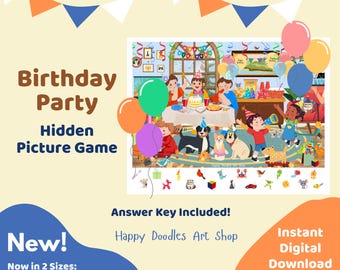 Birthday Party Hidden Picture Puzzle: Printable I-Spy Activity with Kids, Dogs and Dinosaurs, US Letter & A4 Sizes, Fun Party Game or Favor