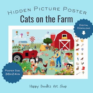 Cats Hidden Picture Poster (36x24") Interactive Wall Art for Kids, Large Printable Search and Find Prefect for Waiting Rooms & Classrooms