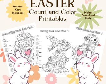 Easter I-Spy: 3 Count and Color Shaped Puzzles; Bunny, Chick, Egg; Seek and Find, Springtime Search & Find, Hidden Image, Kids Activity