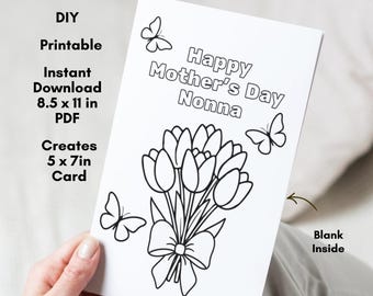 Tarjeta para colorear imprimible del Día de la Madre Nonna, Mariposas florales, Regalo DIY (Descarga digital)